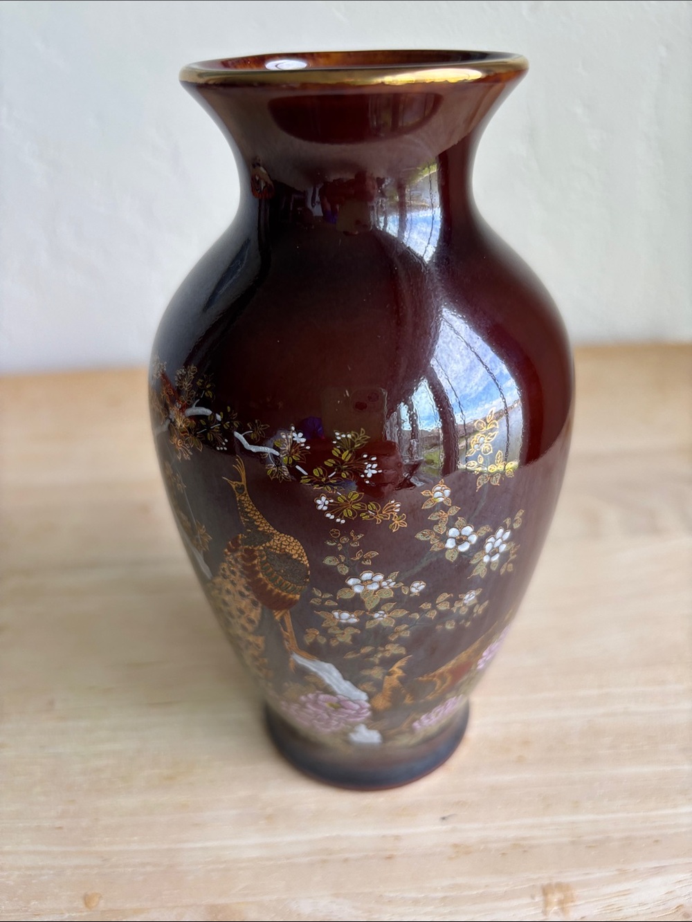 Vintage Japanese Burgundy Ceramic Peacock Accent Vase with Gold Floral Detail